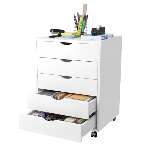 5 Drawer Rolling Storage Cabinet, Mobile File Cabinet for Office, White - color: White, size: 15.75"D x 18.74"W x 25.39"H(5 Drawers)