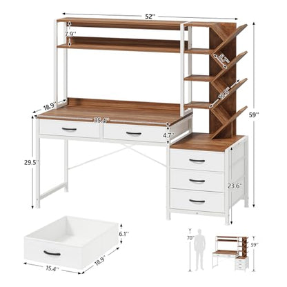YOMILUVE 52" Computer Desk with Bookshelf, 5 Drawers ＆ Hutch for Bedroom | Office Desk with Printer Shelf, Study Writing Desk with Storage Shelves, Brown and White - color: Brown and White
