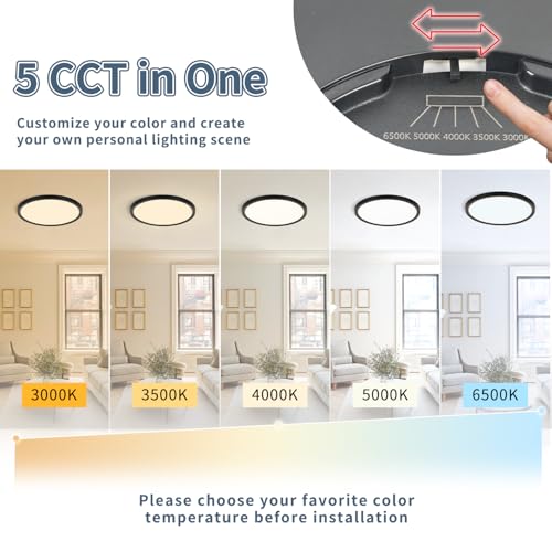 12Pack 11.4 Inch LED Flush Mount Ceiling Light,24W,2427LM,5CCT (Black) | 3000K-6500K Selectable,ETL,0.66in Ultra Thin Round Flat Panel Close to Ceiling Light Fixture for Bedroom, Kitchen (Black) - color: Black, size: 11.4"-12pk