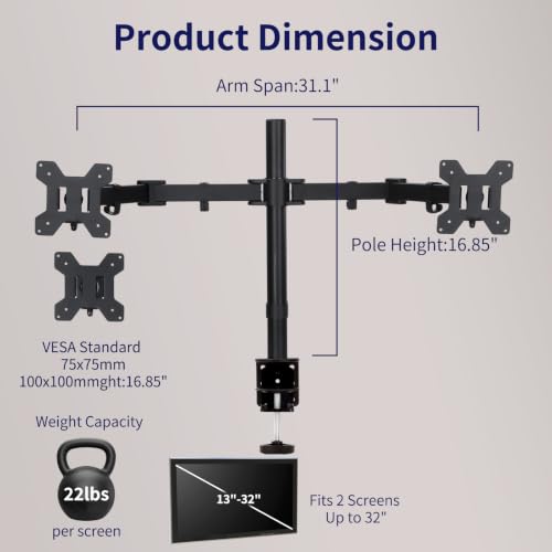 Black Dual Monitor Arm Mount for 13-32 Inch Screens | Ultrawide Screens Up to 38 Inch Fully Adjustable Stand with C-Clamp/Grommet Base Max VESA 100x100 Each Screen Capacity 22lbs - size: Dual Arms for 13"-32"