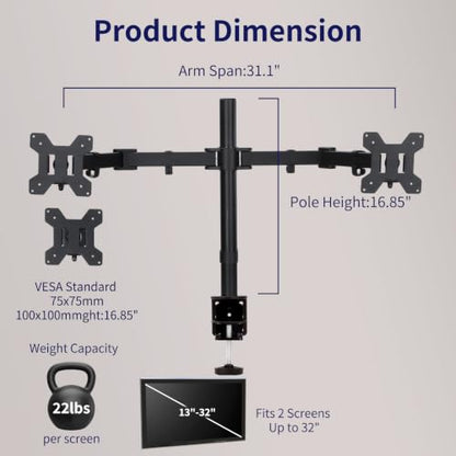 Black Dual Monitor Arm Mount for 13-32 Inch Screens | Ultrawide Screens Up to 38 Inch Fully Adjustable Stand with C-Clamp/Grommet Base Max VESA 100x100 Each Screen Capacity 22lbs - size: Dual Arms for 13"-32"