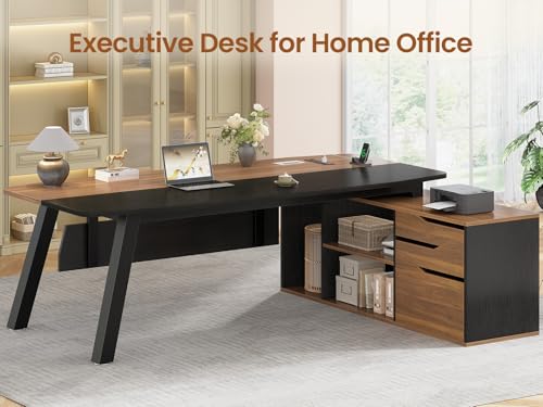 SEDETA 71" L Shaped Executive Desk with File Cabinet & Power Outlet | Computer Desk with 3 Storage Drawers, Adjustable Shelves, CPU Stand, Privacy Baffle, Modern Desk for Home Office, Walnut - color: Walnut