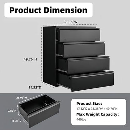 Approgreent Lateral 4 Drawer File Cabient with Lock, Metal Filing Cabinets for Home Office, Heavty Duty Office Storage Cabinet for A4/Letter/Legal (Matte Black) - color: 18-l Black