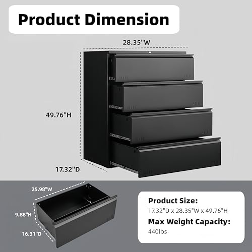 Approgreent Lateral 4 Drawer File Cabient with Lock, Metal Filing Cabinets for Home Office, Heavty Duty Office Storage Cabinet for A4/Letter/Legal (Matte Black) - color: 18-l Black