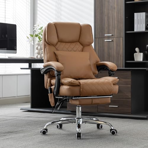Kneading Massage Executive Office Chair with Heated,90-135° Reclining Office Chair with Footrest,Computer Desk Chair with Wheels,Diamond-Stitched Cushion Leather Office Chair (Brown) - color: Brown