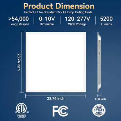 2x2 LED Flat Panel Light, 5CCT 20-40W, 0-10V, Drop Ceiling, 2 Pack - size: 2x2