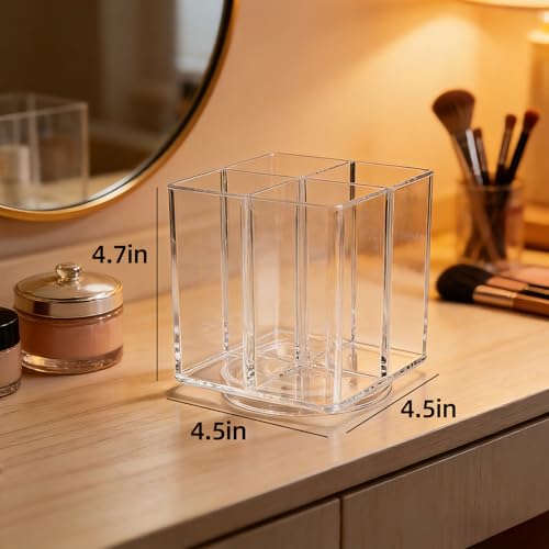 Acrylic Makeup Brush Holder, Clear Rotating Makeup Brush Holder Organizer with 4 Slots, Square Makeup Brush Cup for Vanity Desk Countertop Bathroom - size: Square-4.5in