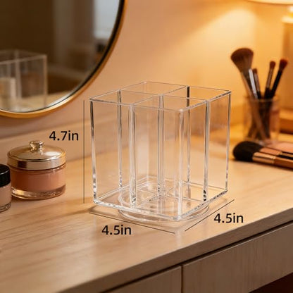 Acrylic Makeup Brush Holder, Clear Rotating Makeup Brush Holder Organizer with 4 Slots, Square Makeup Brush Cup for Vanity Desk Countertop Bathroom - size: Square-4.5in