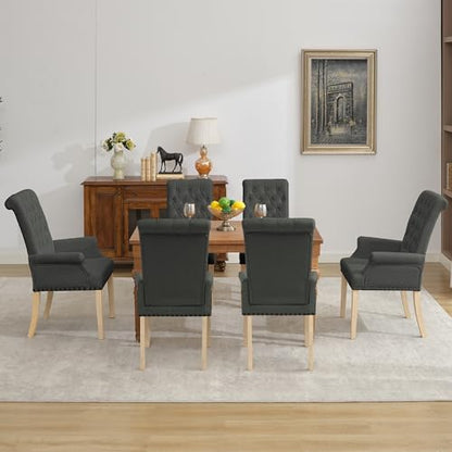 LOULENS Linen Dining Chair with Arms, Tufted Dining Room Chairs, Dark Grey | Solid Wood Legs, Nailhead Trim, Accent Chair, Kitchen Chair - color: Dark Grey-a, size: 1 PCS