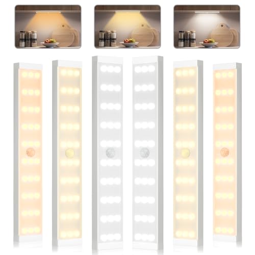 Under Cabinet Lighting, 6Pack Motion Sensor Light Indoor with 3 Color Temps, Dimmable Closet Lights, LED Magnetic Light, Rechargeable Under Counter Lights for Kitchen, Wardrobe, Hallway, Stairs - size: 8.4inch-6Pack