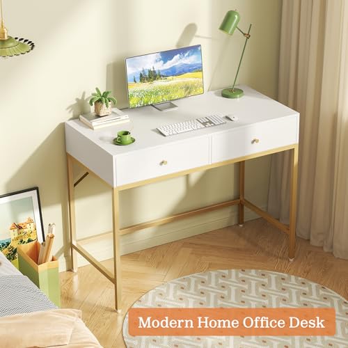 SUPERJARE 31.5" White and Gold Desk with 2 Drawers, Modern Vanity Desk - color: White and Gold, size: 31.5 inch