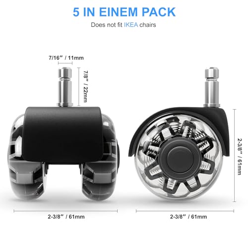 Office Chair Wheels Dual Rubber 2'' (Set of 5) Heavy-Duty Chair Wheels Support 2200lbs, Mute Rubber Chair Casters for Hardwood Floors and Carpet, Universal Fit 7/16 x 7/8 Inch (Black)