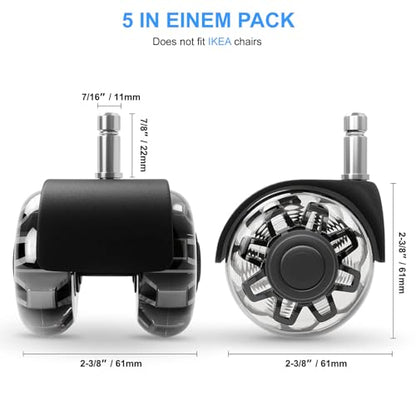 Office Chair Wheels Dual Rubber 2'' (Set of 5) Heavy-Duty Chair Wheels Support 2200lbs, Mute Rubber Chair Casters for Hardwood Floors and Carpet, Universal Fit 7/16 x 7/8 Inch (Black)