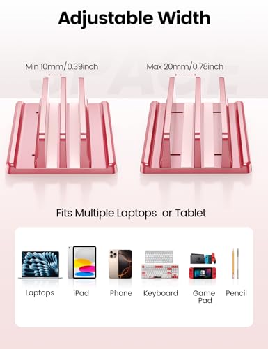 Vaydeer Vertical Laptop Stand for Desk, Dual Slots Plastic Laptop Holder with Space Saving 4-in-1 Design, Adjustable Laptop Stand Supports MacBook, Chromebook, Surface, Dell (Pink Rose) - color: Pink Rose