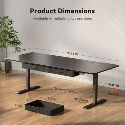 HLDIRECT 79" Electric Standing Desk with Power Outlets & 2 Drawers, Black | 31.5" Extra Wide Desktop Up to 176lb, 28"–46" Height Range & 3 Memory Presets, Integrated Cable Management, Quick Assembly - color: Black, size: 79 inch