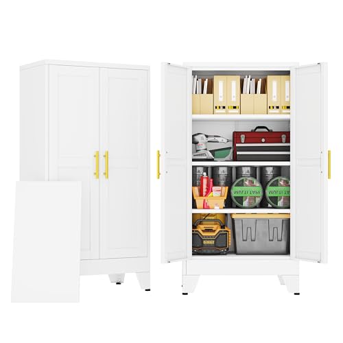 PAOFIN Metal Storage Cabinet with 2 Doors and 3 Adjustable Shelves, Metal Garage Storage Cabinets, File Cabinet,Steel Tool Cabinets for Home,Office,Garage,School,Warehouse (White) - color: White, size: 47"