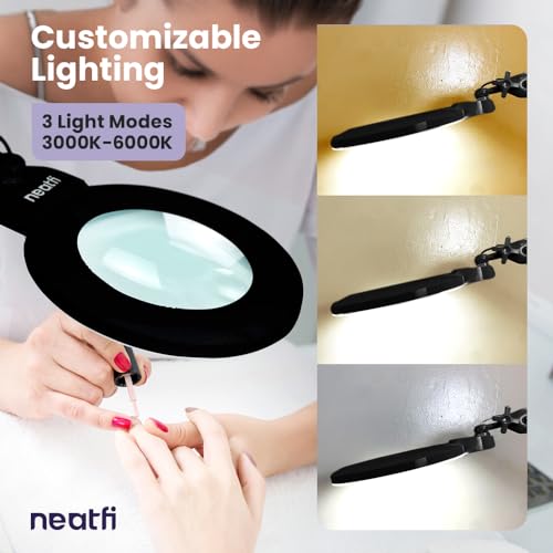 Neatfi XL Bifocal LED Magnifying Lamp, 7" Acrylic Lens, 2.25X/6X, 1,600 Lumens Dimmable | 3 Light Modes, Adjustable Arm & Clamp | Reading, Crafting & Jewelry (Black, 7-inch Lens, CCT with Clamp) - color: Black