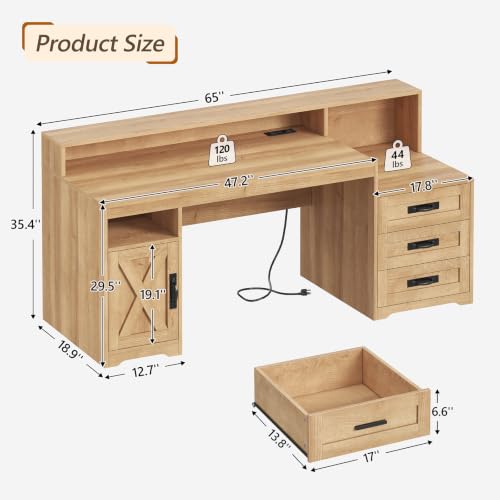 65" Farmhouse Computer Desk with Drawers and Printer Stand for Home Office - color: Oak