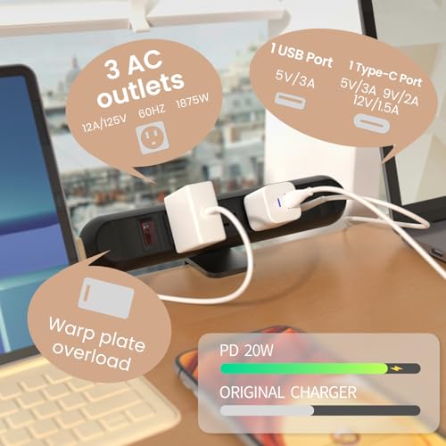 FOH Aluminum Desk Clamp Power Strip, 3 Port Clamp 1875W, 6FT Cable | Multi-Contact USB Power, Power Socket Surge Protector with Switch, 3 in 1 Desk Stand with 3CA, with USB-A & USB-C, Round - size: Round