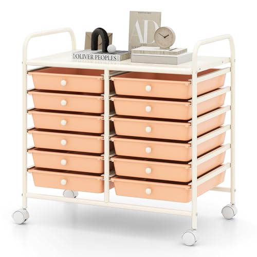 RELAX4LIFE 12-Drawer Rolling Storage Cart - Mobile Utility Cart on Wheels for School Classroom Teacher Office Salon, Paper File Art Supply Craft Organizer, Rolling Cart with Drawers (Pink) - color: Pink, size: 24.5''
