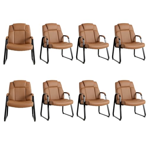 Okeysen Big & Tall Waiting Room Chairs Set of 8, PU Leather Reception Guest Chair with Padded Arm Rest, Office Desk Chair with Sled Base No Wheels, for Office Meeting, Conference Room, Lobby, 500lb - color: Brown, size: Set of 8
