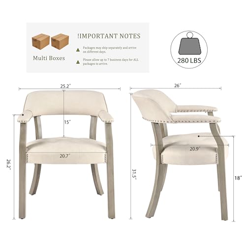 LEEMTORIG Faux Leather Dining Chair with Arms, Solid Wood Dining Chair with Supportive Back, Game Poker Table Chairs, Boss Caption's Chairs Office Desk Chairs, Soft Grey Legs & Beige PU CY-NX173-WT - color: Soft Grey Legs & Beige Pu, size: Set of 1