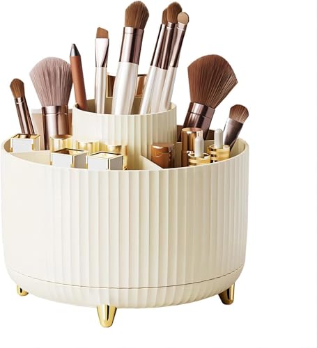 Makeup Brush Holder,360° Rotating Makeup Brush Organizer,5 Slot Make up Brushes Cup for Cosmetics,Large Capacity,For Nail Polish, Art Supply, Bathroom Vanity,Cosmetics Organizer,Cream - color: Cream