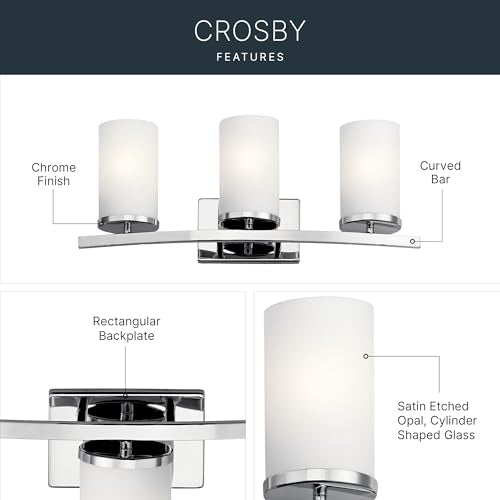 Kichler Crosby 23" Vanity Light in Chrome, 3-Light Contemporary Bathroom Light with Satin Etched Cased Opal Glass, (23" L x 8.75" H), 45497CH | Satin etched cased opal glass vanity light for bathroom mirrors (23" x 8.75" x 6"), 45497CH - color: Chrome, si