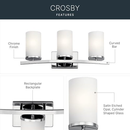 Kichler Crosby 23" Vanity Light in Chrome, 3-Light Contemporary Bathroom Light with Satin Etched Cased Opal Glass, (23" L x 8.75" H), 45497CH | Satin etched cased opal glass vanity light for bathroom mirrors (23" x 8.75" x 6"), 45497CH - color: Chrome, si