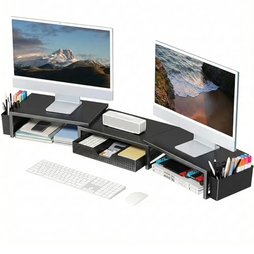 OPNICE Desk Organizers and Accessories, Dual Monitor Stand Riser with Drawer and 2 Pen Holders, Desk Shelf Computer Racks & Printer Stand for Office Workspace Organizers, Desktop Organization (Black) - color: Black