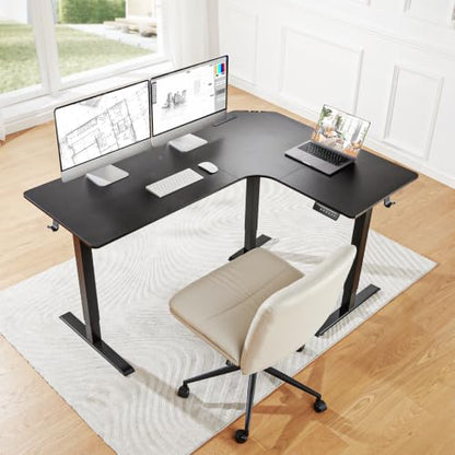 HUANUO 63″ L-Shaped Standing Desk, Built-in Power Outlets, Black