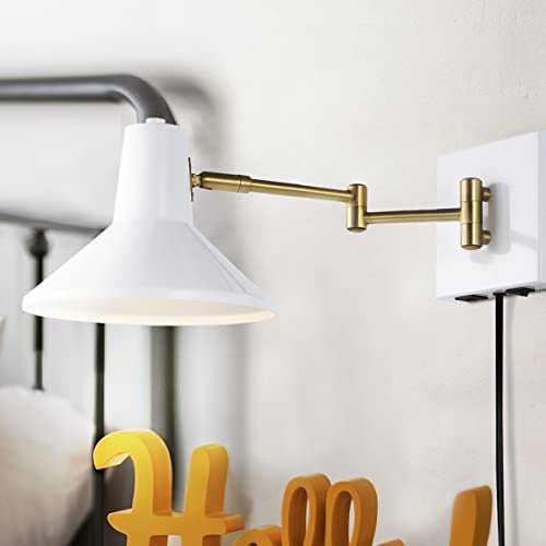 JONATHAN Y Hygge 1-Light Modern Swing Arm USB Sconce 8", White/Brass Gold | Metal Construction, Plug-In Midcentury Bedside Wall Lamp, Cone Shade, Adjustable Head, LED Bulb Included - color: White/Brass Gold