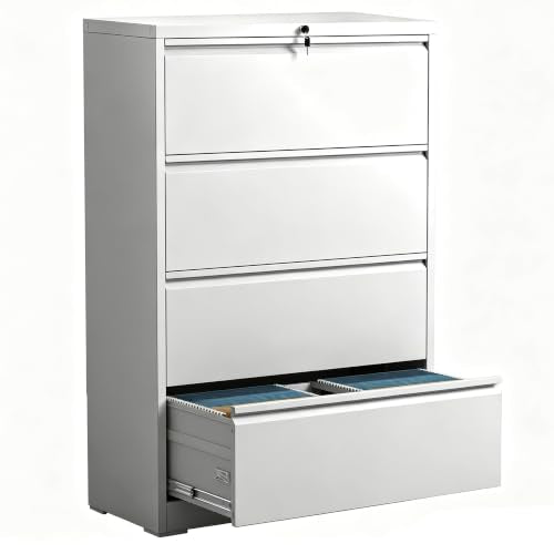 4 Drawer Metal File Cabinet for Legal/Letter Size File,Lockable - color: White, size: Lateral-4 drawers