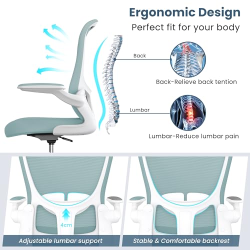 Drafting Chair, Tall Office Chair with Flip-up Armrests Executive Ergonomic Computer Standing Desk Chair, Office Drafting Chair with Lumbar Support and Adjustable Footrest Ring - color: Light Blue&white