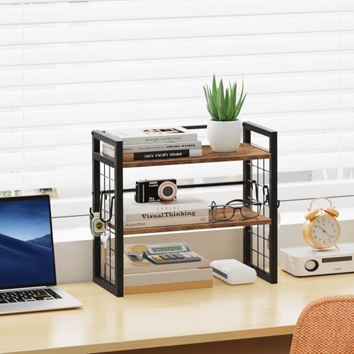 ELITEROO Desktop Shelf Organizer, 2 Tier Wood Desk Bookshelf, Rustic Brown - color: Rustic Brown