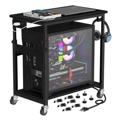 Snughome Oversized Computer Tower Stand with Extended Top & Charging Station, 25.2''-36.2'' Height-Adjustable PC Tower Stand, Rolling CPU Cart with Lockable Wheels for Office Home Gaming - size: 27.56" L x 15.75" W x 36.22"