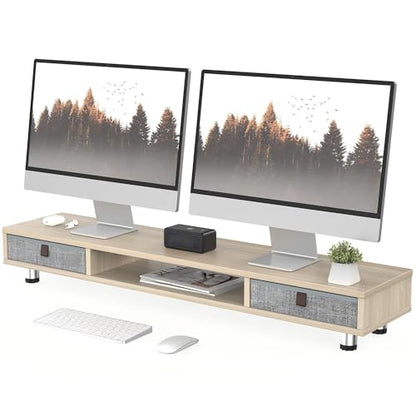 Fenge Dual Monitor Stand, 2-Tier Desk Organizer with Drawers, 42.5in, Oak - color: Oak