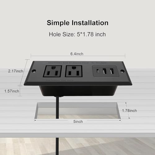 Recessed Power Strip, Flush Mount Power Adapter Charging Station with USB C Plug Multiple Surge Protector Hidden Outlet Extender with Extension Cord for Desk Furniture Table Nightstand Bed (Black)