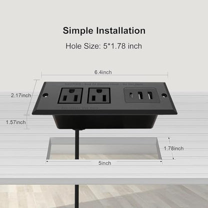 Recessed Power Strip, Flush Mount Power Adapter Charging Station with USB C Plug Multiple Surge Protector Hidden Outlet Extender with Extension Cord for Desk Furniture Table Nightstand Bed (Black)