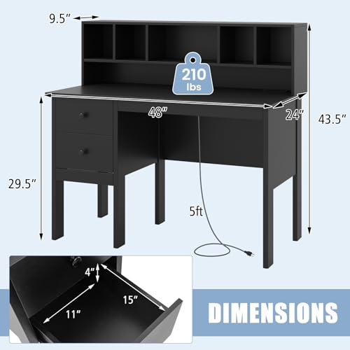 COSTWAY Writing Desk with USB Charging Ports & Power Outlets, 48" Computer Desk with Drawers & 5-Cubby Hutch, Study Table Computer Work Station for Home Office (Black) - color: Black