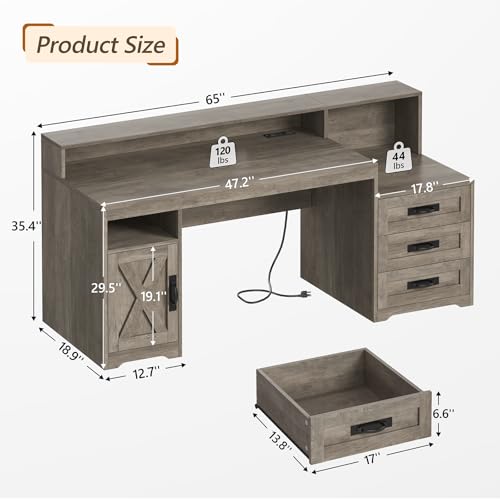 65" Farmhouse Computer Desk with Drawers and Printer Stand for Home Office - color: Grey