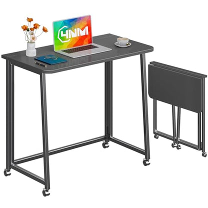 4NM 31.5" Mobile Small Folding Desk, Foldable Rolling Computer Home Office Desk, Study Writing Table for Small Space Saving Bedroom, with Wheels - All Black - color: All Black, size: 31.5"W x 15.7"D