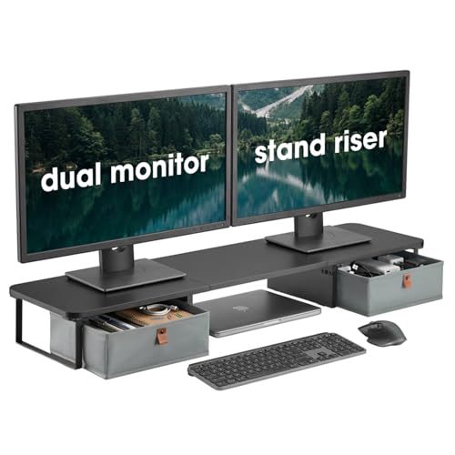 DuoStand Plus - 39” Dual Monitor Riser for Desk with 2 Drawers - Wood & Steel Double Monitor Stand with Storage - Desk Organizer Shelf for Desktop Computer, Laptop, TV & Printer (Matte Black) - color: Matte Black