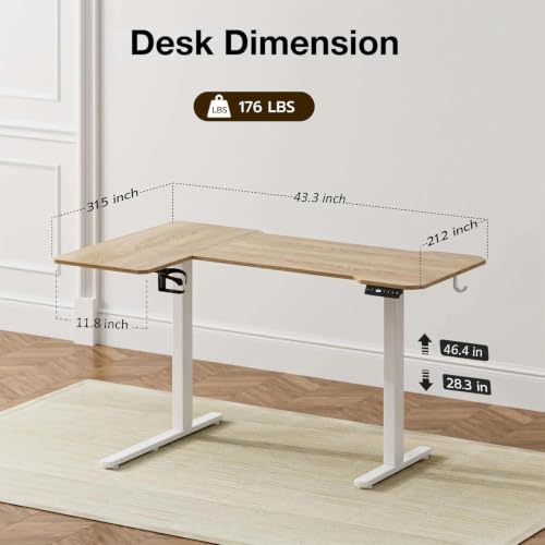 Acrolix L Shaped Electric Standing Desk, 43x31.5 Inch Reversible, Oak - color: Oak, size: 43