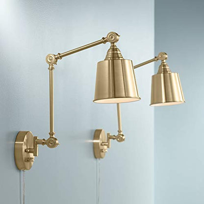 Mendes Antique Brass Swing Arm Plug-In Wall Lamps Set of 2 Light Fixture | Modern Adjustable Up Down Metal Shade for Bedroom Bedside House Reading Living Room Home Hallway Dining