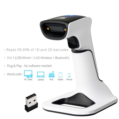 ScanAvenger Wireless Portable 1D&2D with Stand Bluetooth Barcode Scanner: 3-in-1 Handheld Scanner, Rechargeable Battery for Inventory - USB Bar Code/QR Reader (1D&2D with Next Gen Stand) - style: 1D&2D With Next Gen Stand