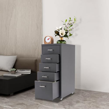 Metal Filing Cabinet with Wheels, 5 Drawers Mobile Storage Cabinet Small Printer Stand Vertical Organizer for Home Office - color: Grey