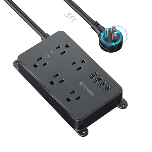 TROND 360° Rotating Flat Plug Power Strip, 3ft Extension Cord, Black | 5 Widely-Spaced Outlets with 2 USB A and 2 USB C, ETL Listed, Wall Mountable, 1300J Surge Protector, for Home Office - color: Black, size: 3ft, style: 5 Outlets - with Rotating Plug