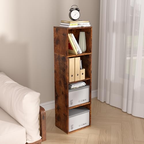 Wooden 4 Cube Storage Organizer, 4 Tier Storage Cubes Storage Display Cubby, Freestanding DIY Closet Shelving Unit for Living Room Bedroom Office(Retro Brown, 4 Cube-W(11.8inch) - color: Retro Brown, size: 4 Cube-W(11.8inch)