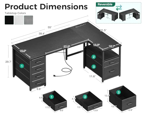 Coleshome 55 Inch L Shaped Office Desk with 6 Drawers, Power Outlet, Black - color: Black, size: 55 Inch